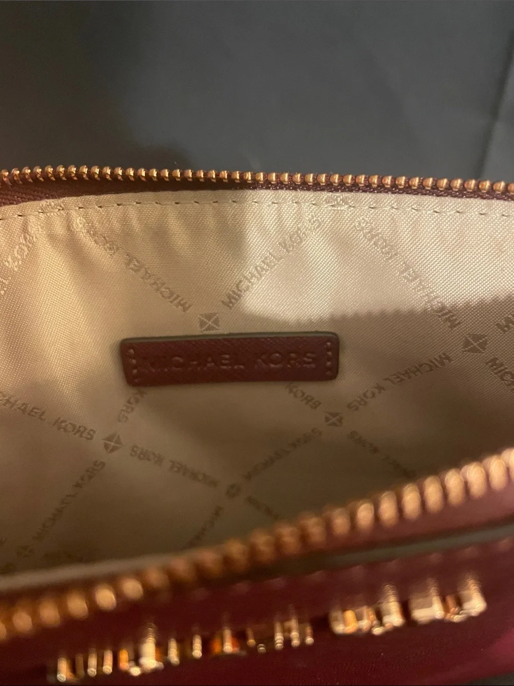 Michael Kors Maroon Leather Zip Pouch with Gold Hardware